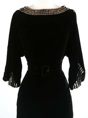30s black silk velvet metal studs bias dress