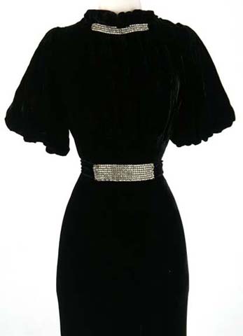 30s black silk velvet rhinestone bias dress