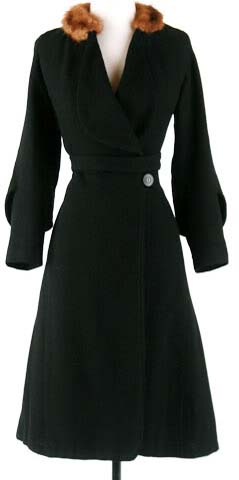 40s Black Wool Fur Collar Belted Coat Jacket