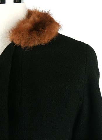 40s Black Wool Fur Collar Belted Coat Jacket