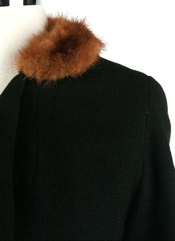 40s Black Wool Fur Collar Belted Coat Jacket