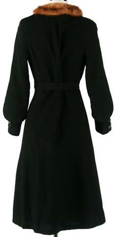 40s Black Wool Fur Collar Belted Coat Jacket