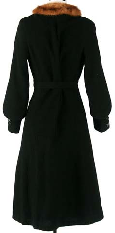 40s Black Wool Fur Collar Belted Coat Jacket