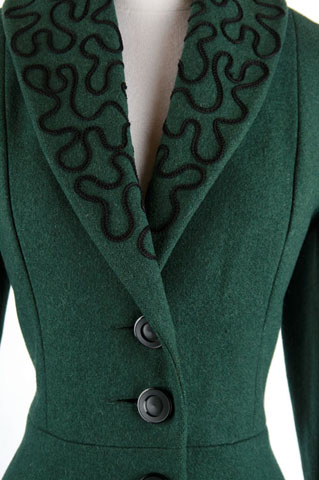 40s Green Wool Puff Sleeve Soutache Coat Jacket