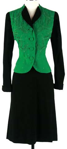 40s Black Green Soutache Jacket Suit Dress