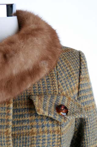 50s tweed wool mink collar belt coat jacket