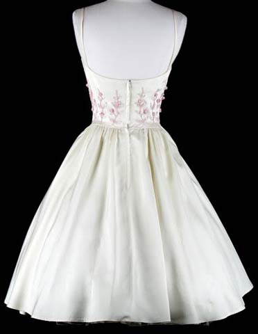 50s Ivory Satin Pink Roses Wedding Party Dress