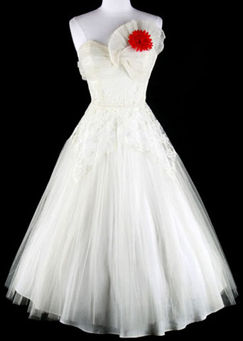 50s White Lace Tulle Fan Party Wedding Dress