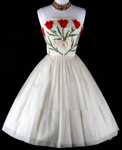 50s Ivory Tulip Embroidery Wedding Party Dress
