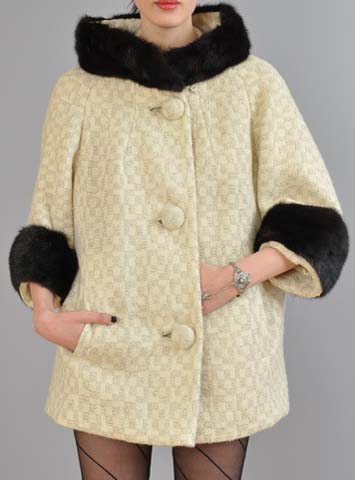 60s wool Mink Fur Swing Dress Cape Mini-Coat Mini-Jacket