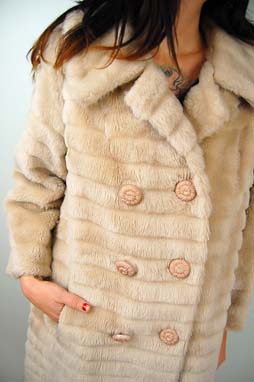70s Nude Faux Mink Fur Striped Military Coat