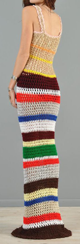 70s semi-sheer autumnal rainbow stripe crochet maxi dress.
